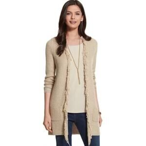CHICOS Talia Fringe Open Long Cardigan Sweater Small 0 Beige Tan Neutral Boho
